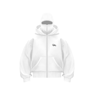 sudadera con pasamontañas estilo ninja blanca bordada con marca y logo